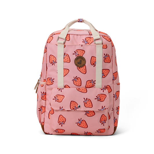 Pink backpack with strawberry pattern on a white background