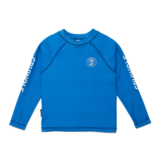 Blue long-sleeve shirt with branding on a white background