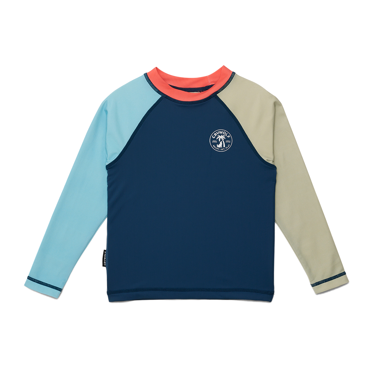 Color-blocked long-sleeve shirt with a logo on a white background