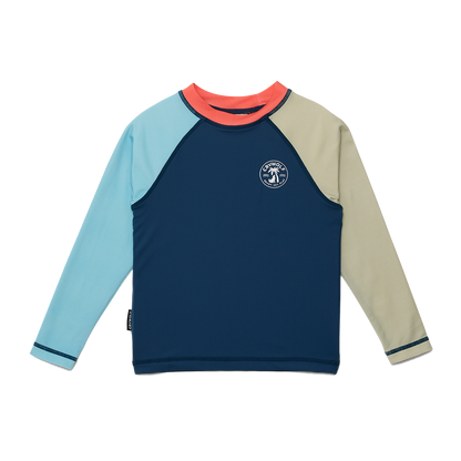 Color-blocked long-sleeve shirt with a logo on a white background