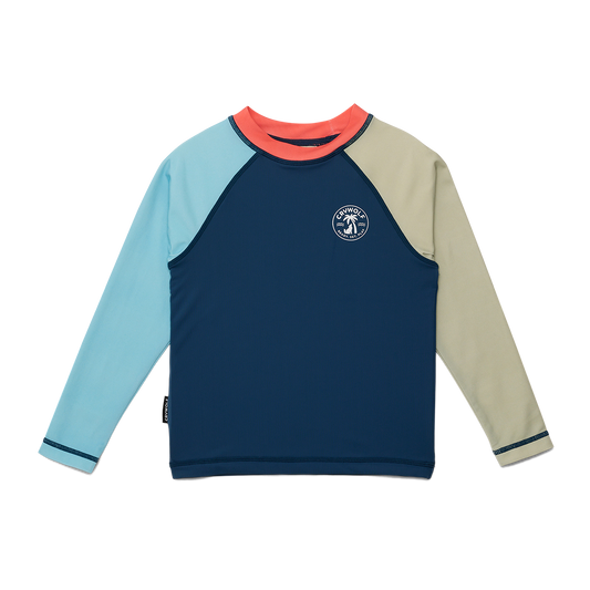 Color-blocked long-sleeve shirt with a logo on a white background