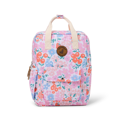Floral patterned backpack on a white background