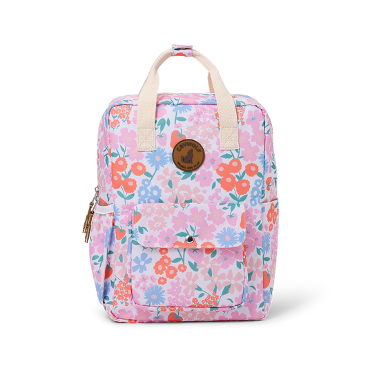 Floral patterned backpack on a white background