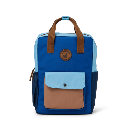 Blue and brown backpack with a visible brand logo on a white background