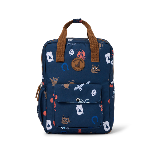Navy blue backpack with colorful patterns on a white background