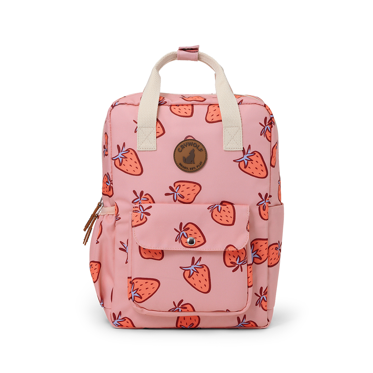 Pink backpack with strawberry pattern on a white background