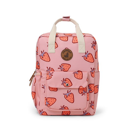 Pink backpack with strawberry pattern on a white background