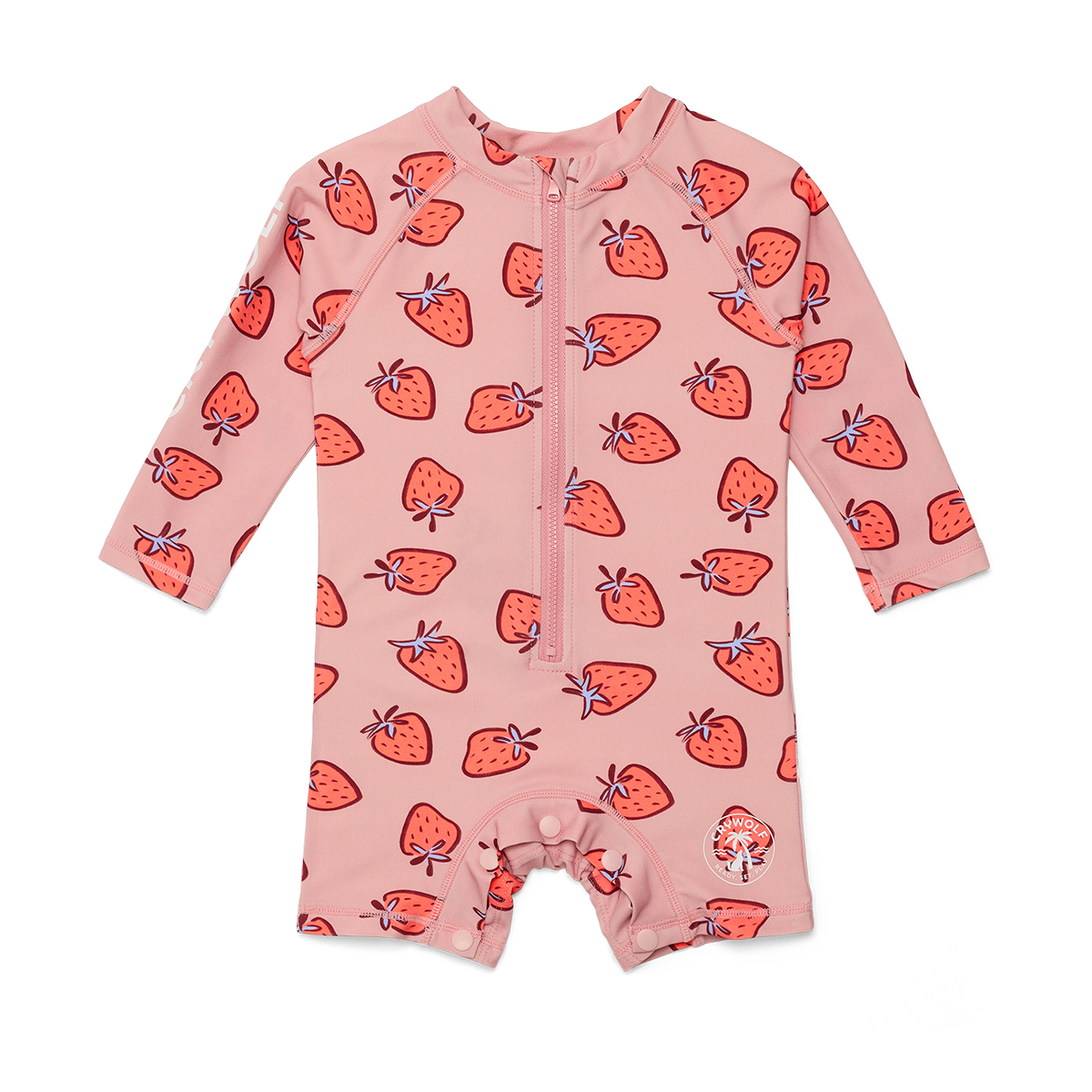 Pink baby onesie with strawberry pattern on a white background