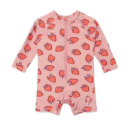 Pink baby onesie with strawberry pattern on a white background