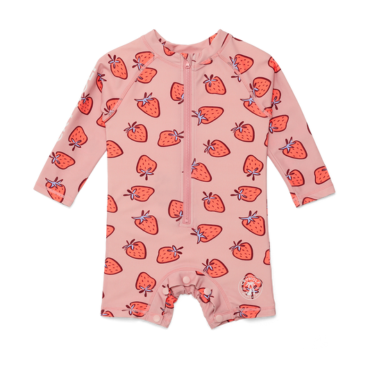 Pink baby onesie with strawberry pattern on a white background
