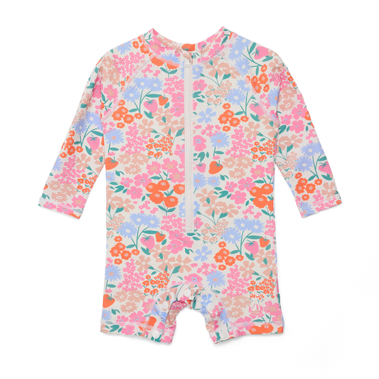 Floral patterned baby romper on a white background