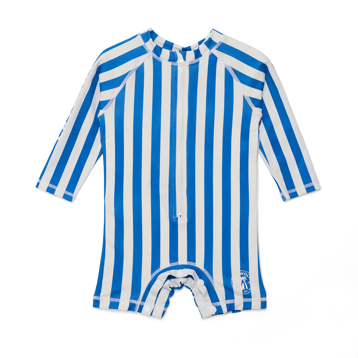 Blue and white striped baby romper on a white background