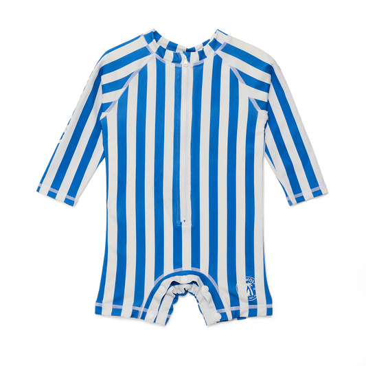 Blue and white striped baby romper on a white background