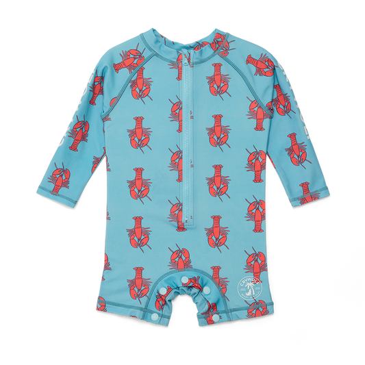 Blue baby romper with red lobster pattern on a white background