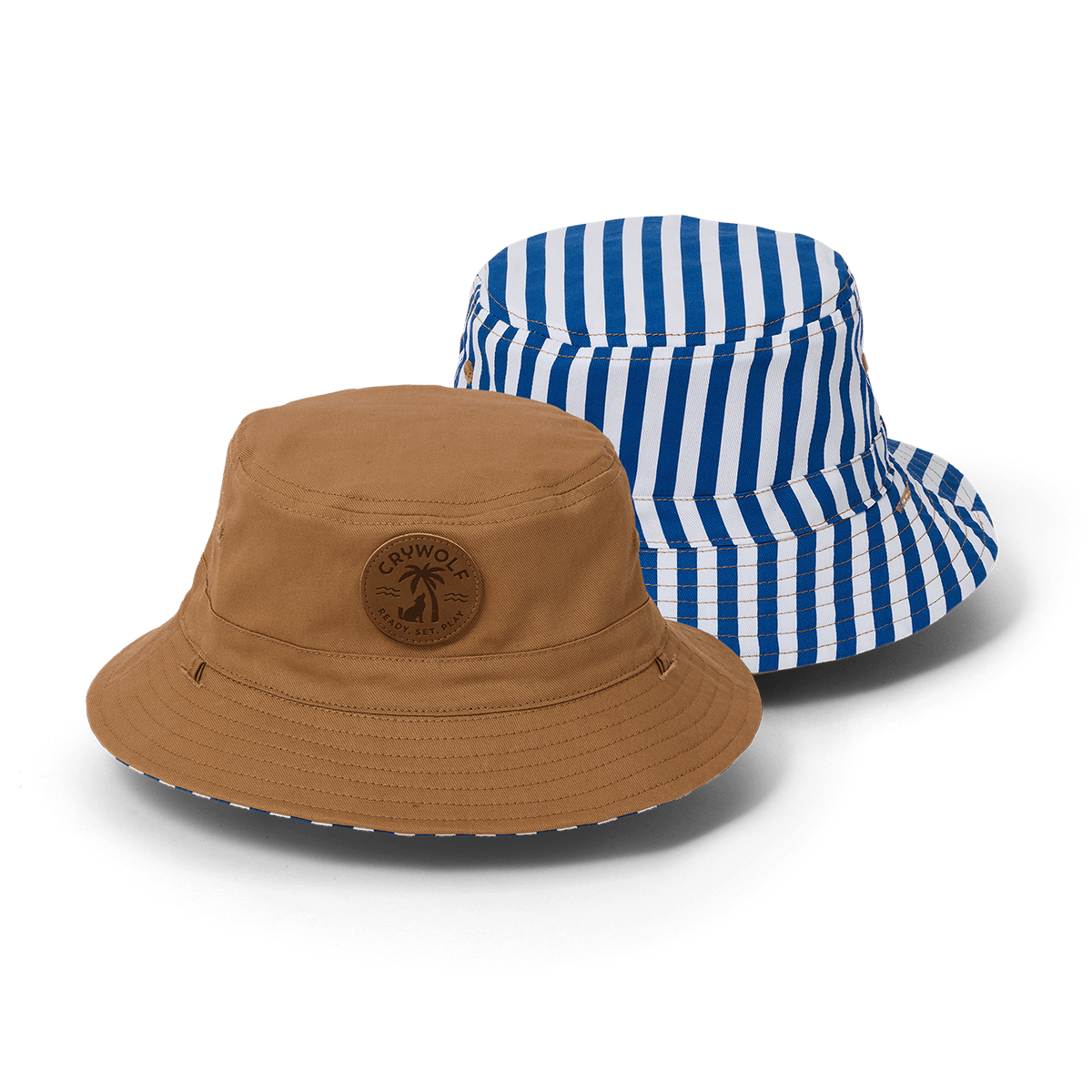 Brown bucket hat with a logo and blue and white striped bucket hat on a white background