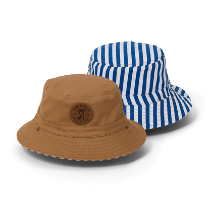 Brown bucket hat with a logo and blue and white striped bucket hat on a white background