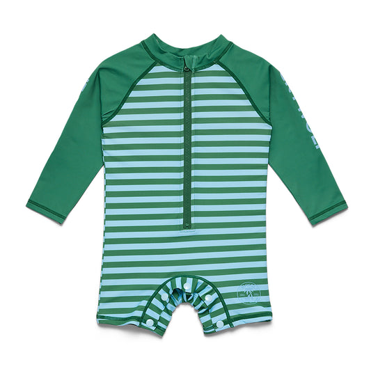A baby long-sleeve swim shirt with green raglan sleeves and a green zipper, featuring horizontal light green and white stripes on the body and matching green shorts at the bottom.