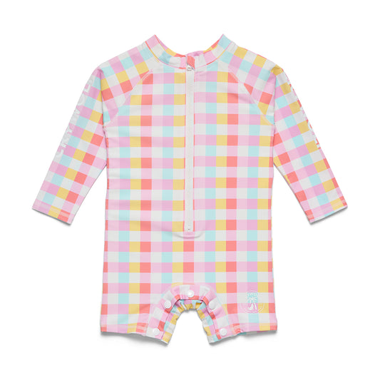 A baby long-sleeve one-piece swimsuit or romper featuring a pastel pink, yellow, and light blue gingham check pattern, with a front zipper closure.