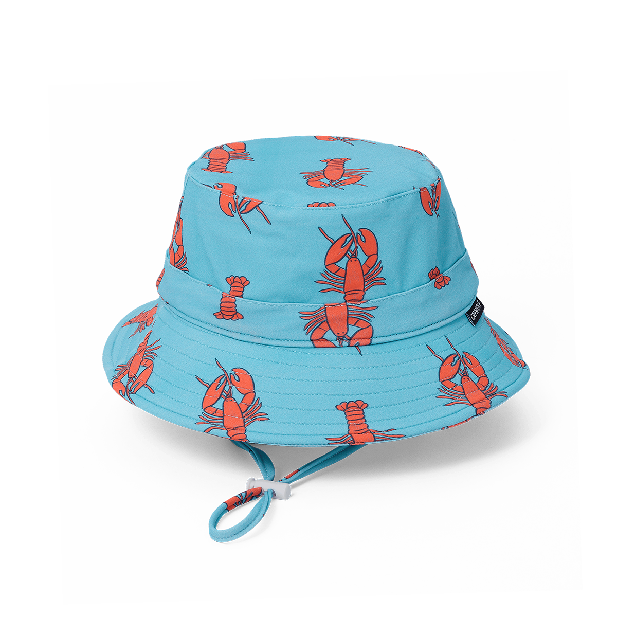 Blue bucket hat with red lobster pattern on a white background
