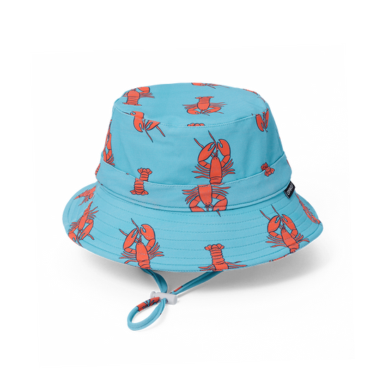 Blue bucket hat with red lobster pattern on a white background