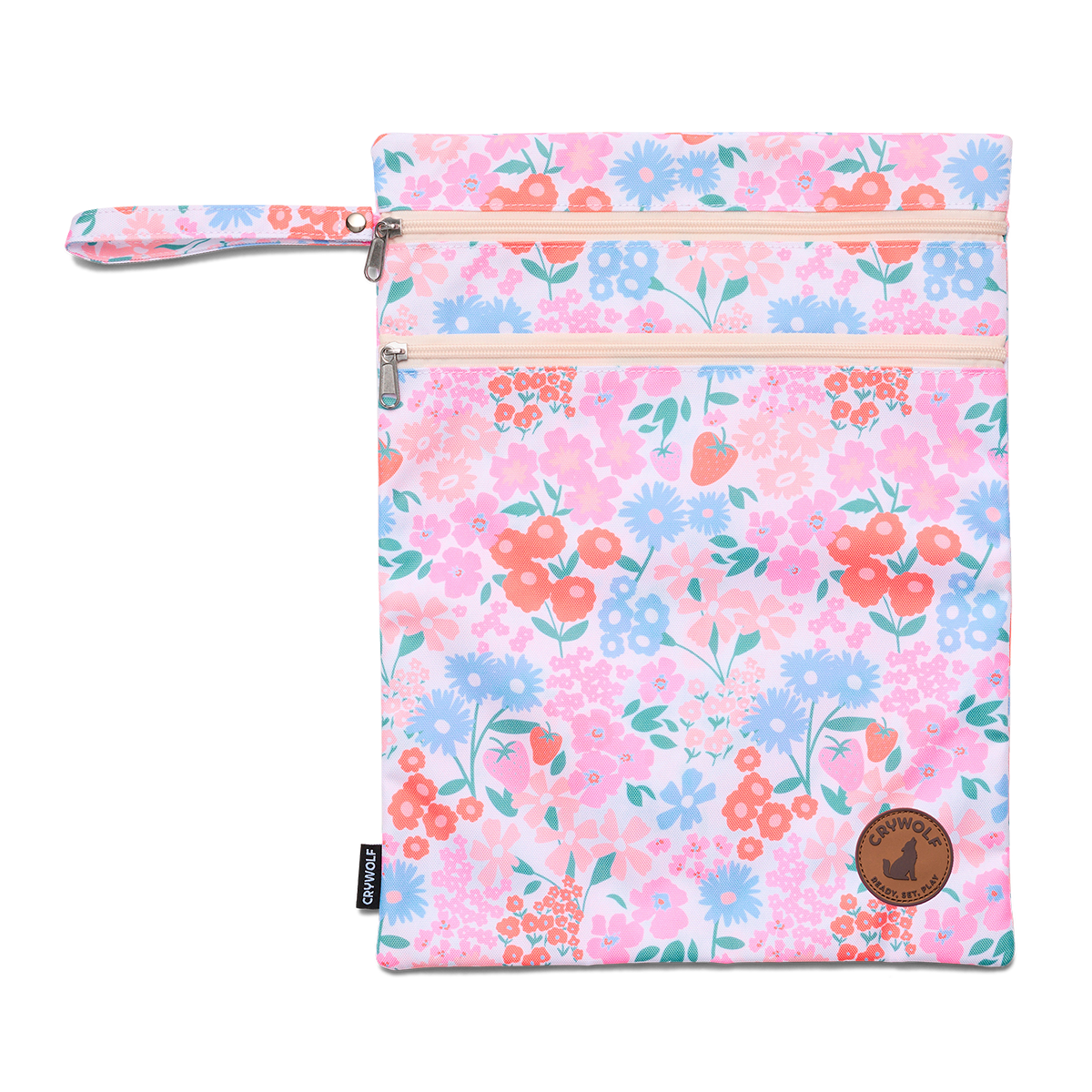 Floral patterned pouch with a visible brand logo on a white background