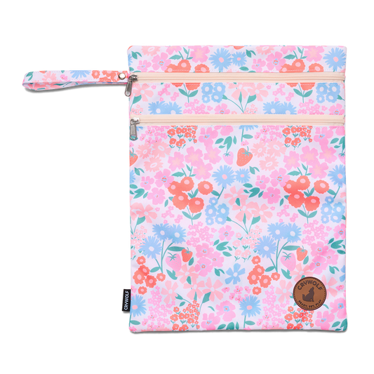 Floral patterned pouch with a visible brand logo on a white background