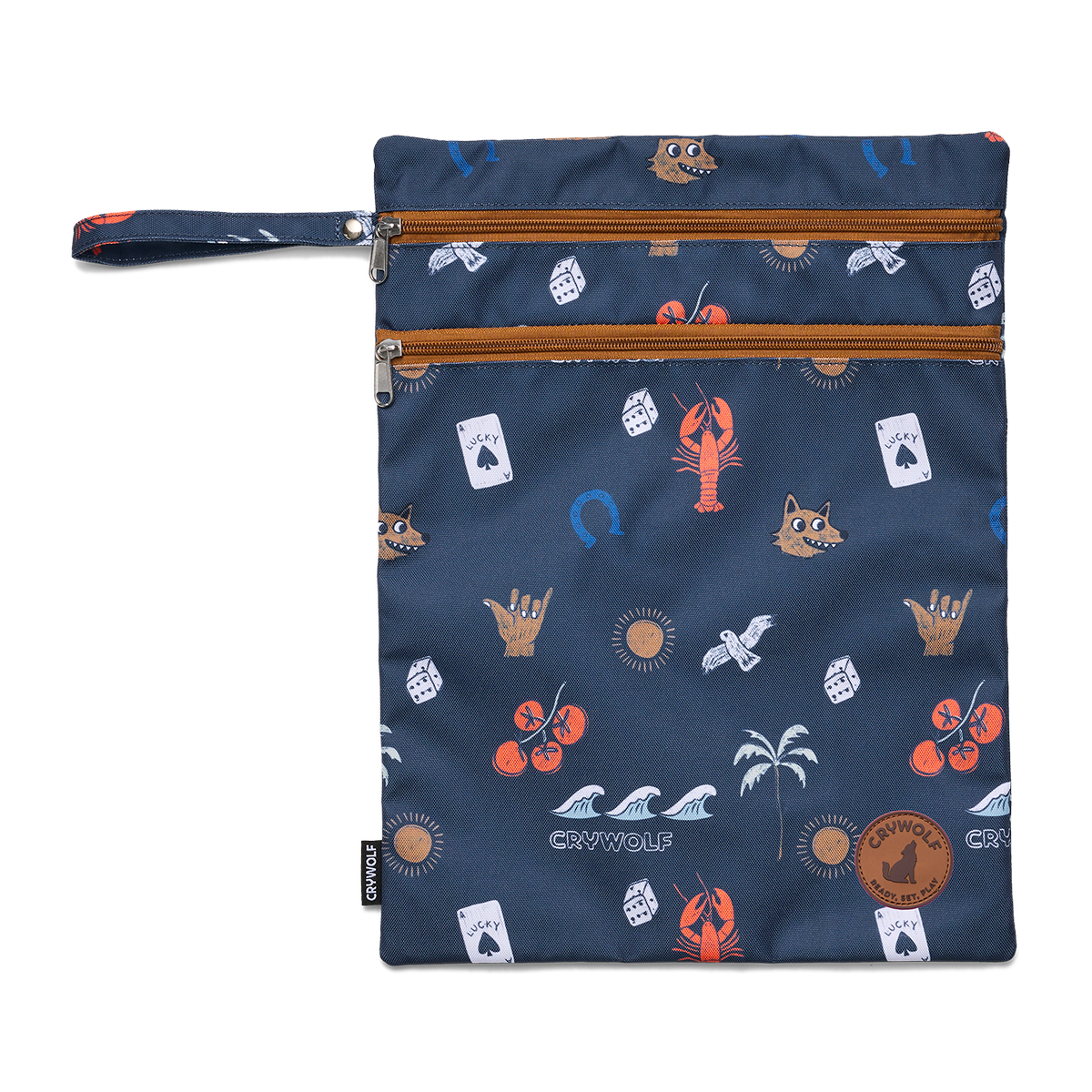 Navy blue pouch with colorful patterns on a white background