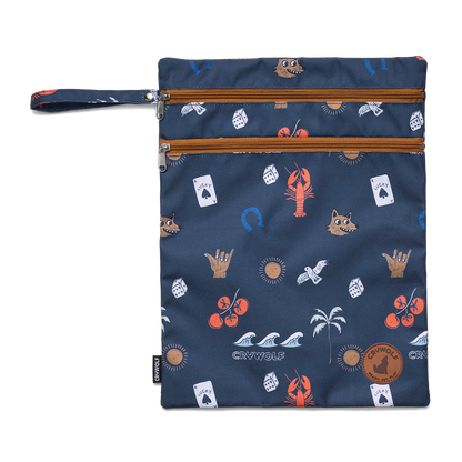 Navy blue pouch with colorful patterns on a white background