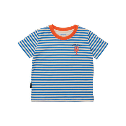 Blue and white striped t-shirt with orange trim and logo on a white background