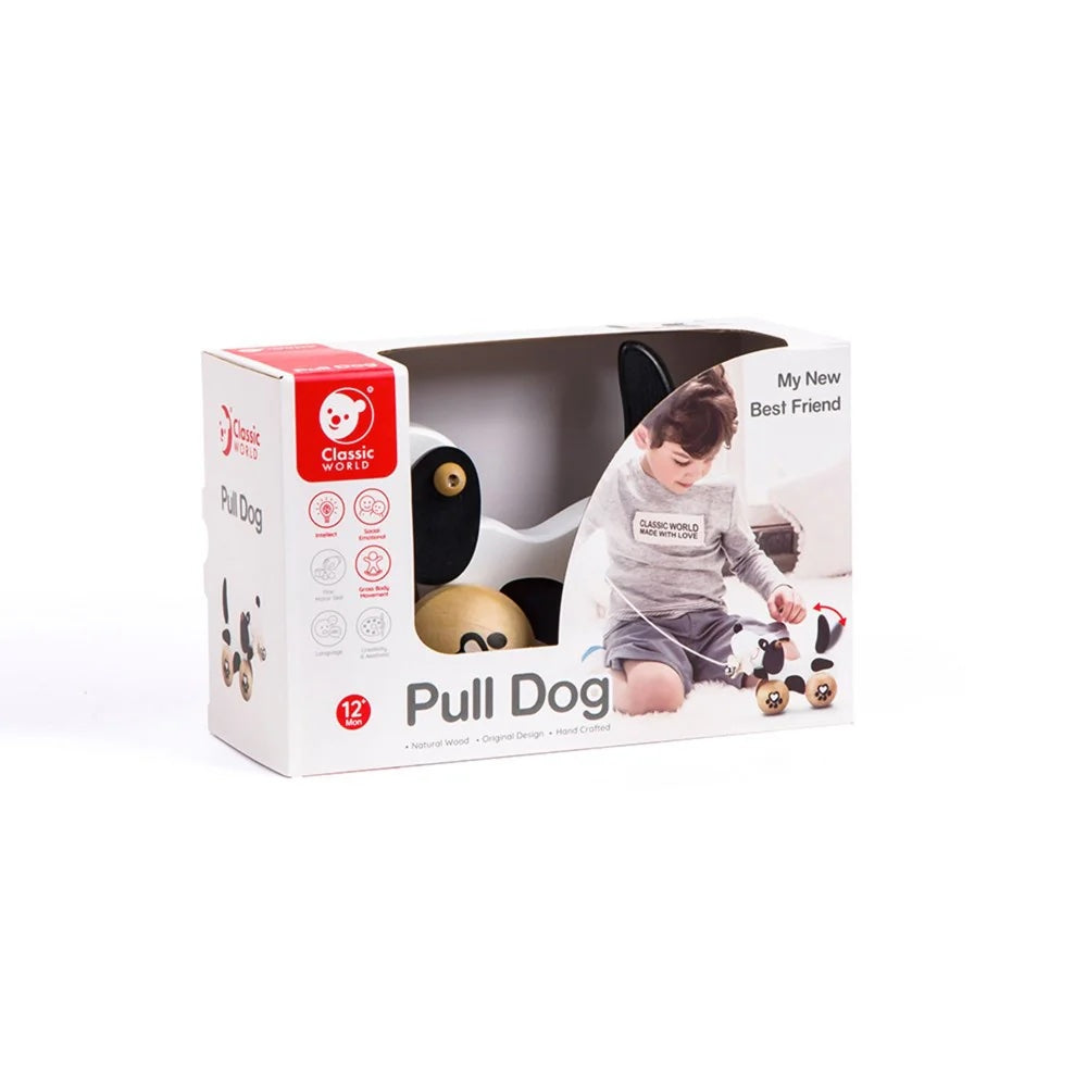 Box packaging of a pull dog toy with a child playing with it on a white background