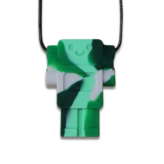 Green and white robot-shaped pendant on a black cord against a white background