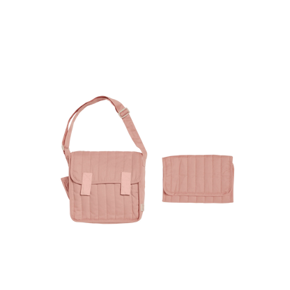 Pink bag with matching pouch on a white background