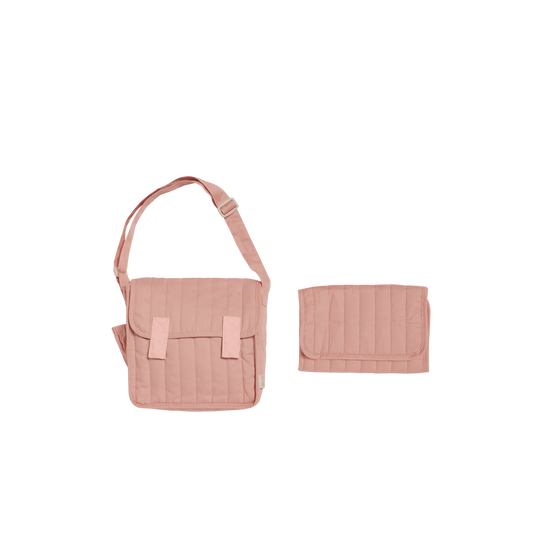 Pink bag with matching pouch on a white background