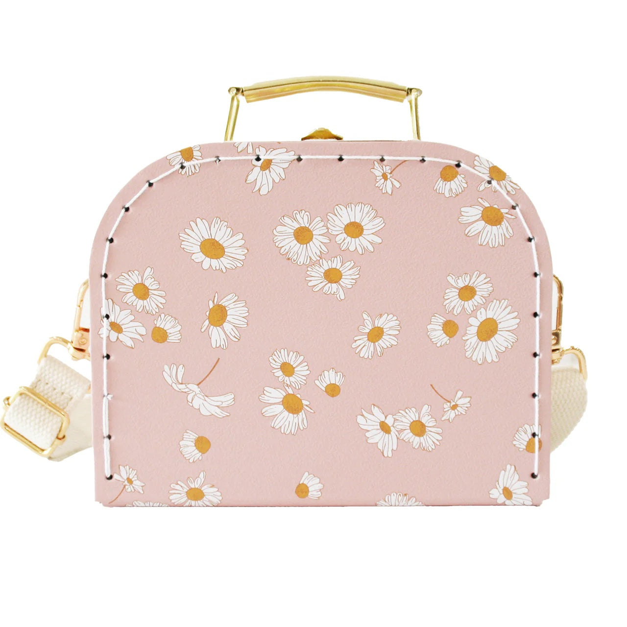 Pink handbag with daisy pattern on a white background