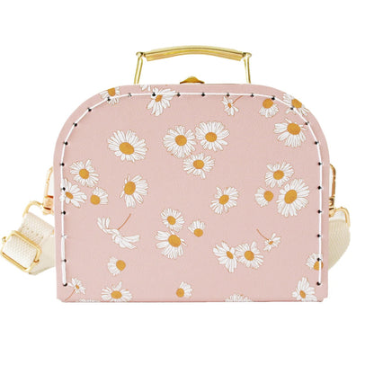 Pink handbag with daisy pattern on a white background