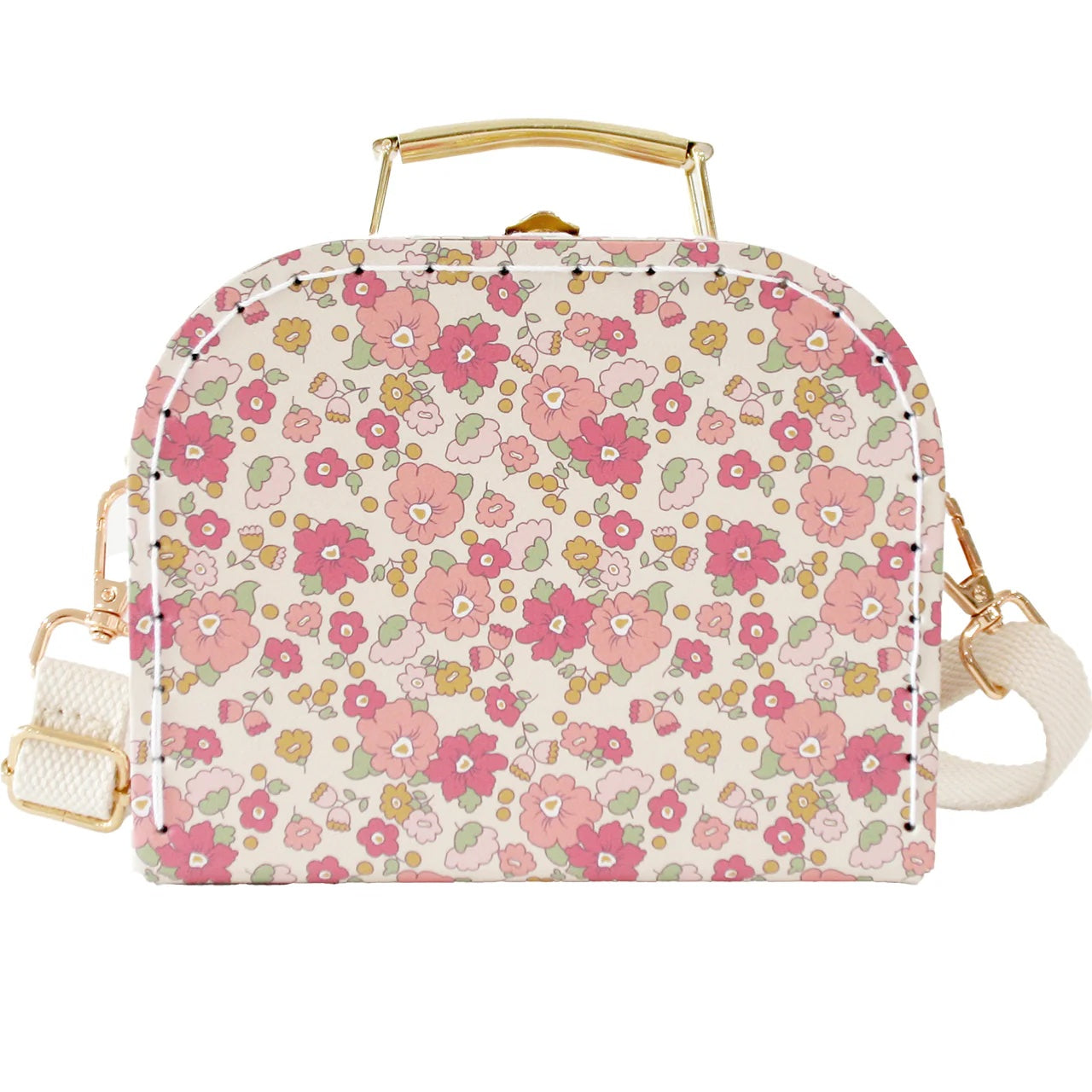 Floral patterned handbag with gold accents on a white background