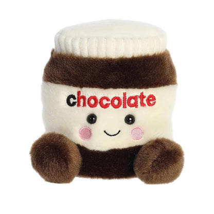 Plush toy resembling a chocolate jar with a smiling face on a white background
