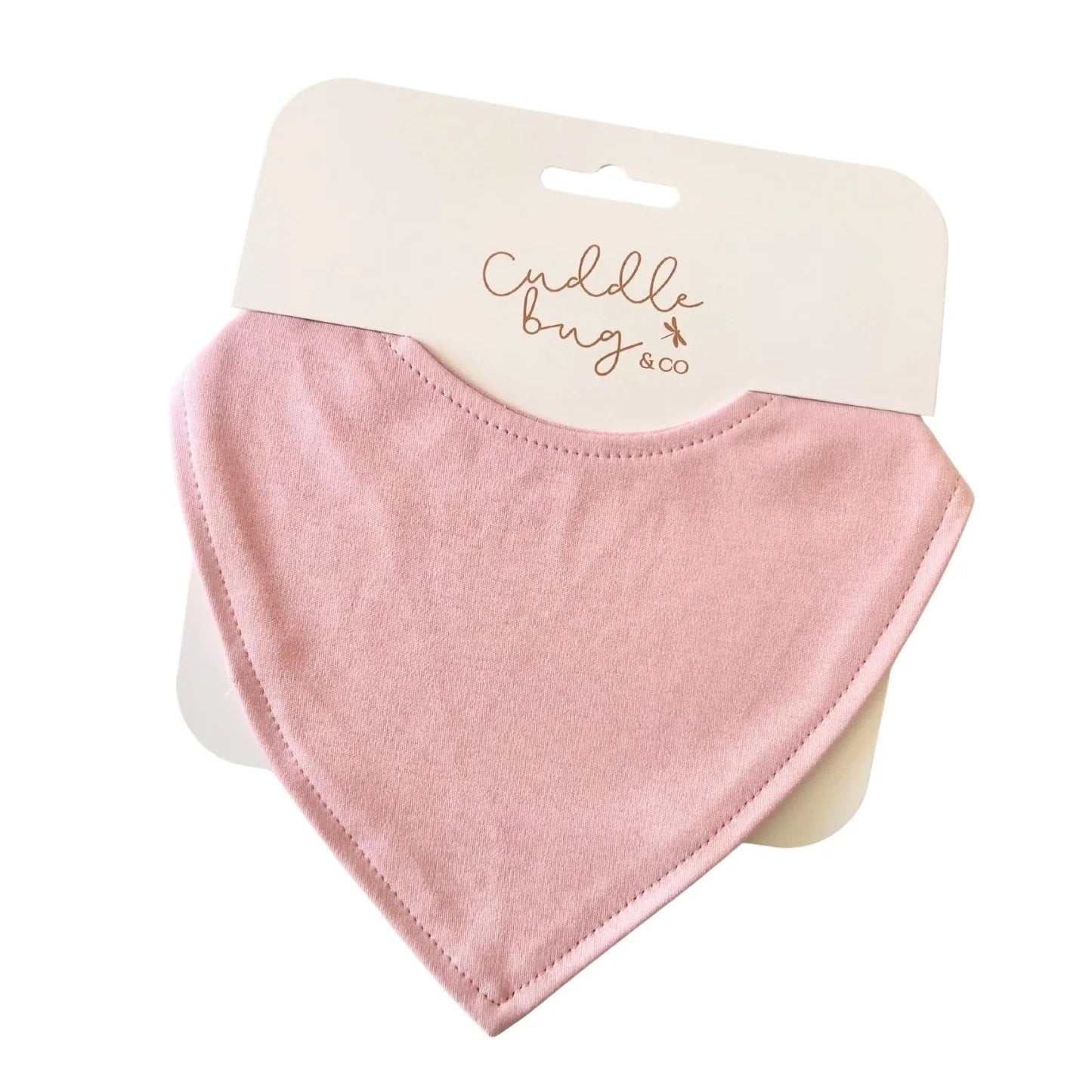 Pink baby bib on a white background with 'Cuddle Bug & Co' branding.