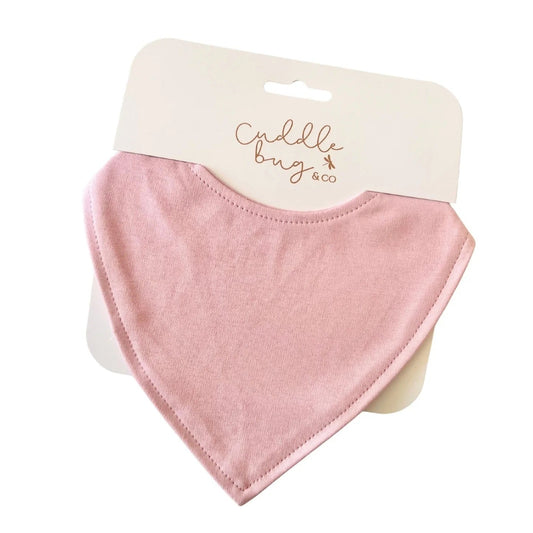 Pink baby bib on a white background with 'Cuddle Bug & Co' branding.
