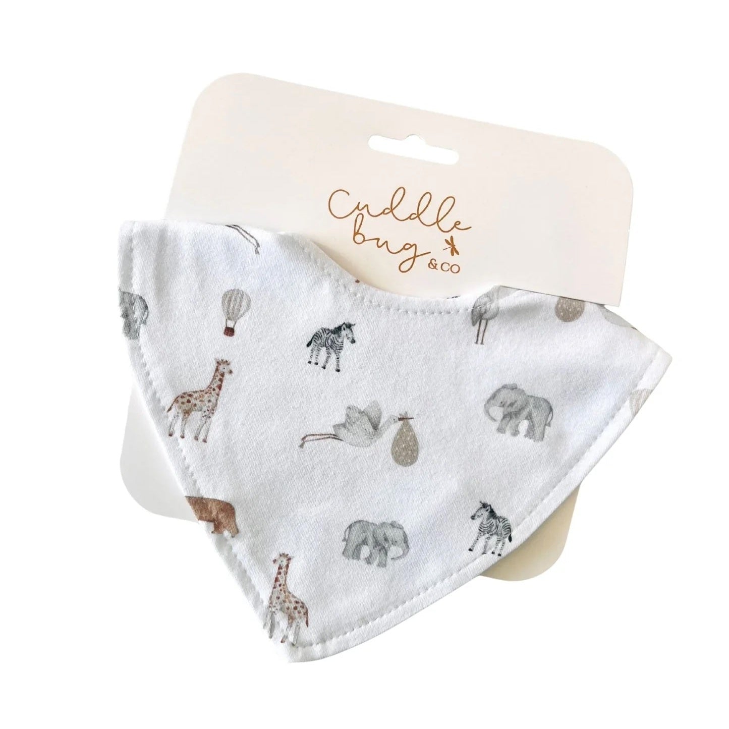 Two baby bibs with animal prints on a white background, branded 'Cuddle Bug & Co'.