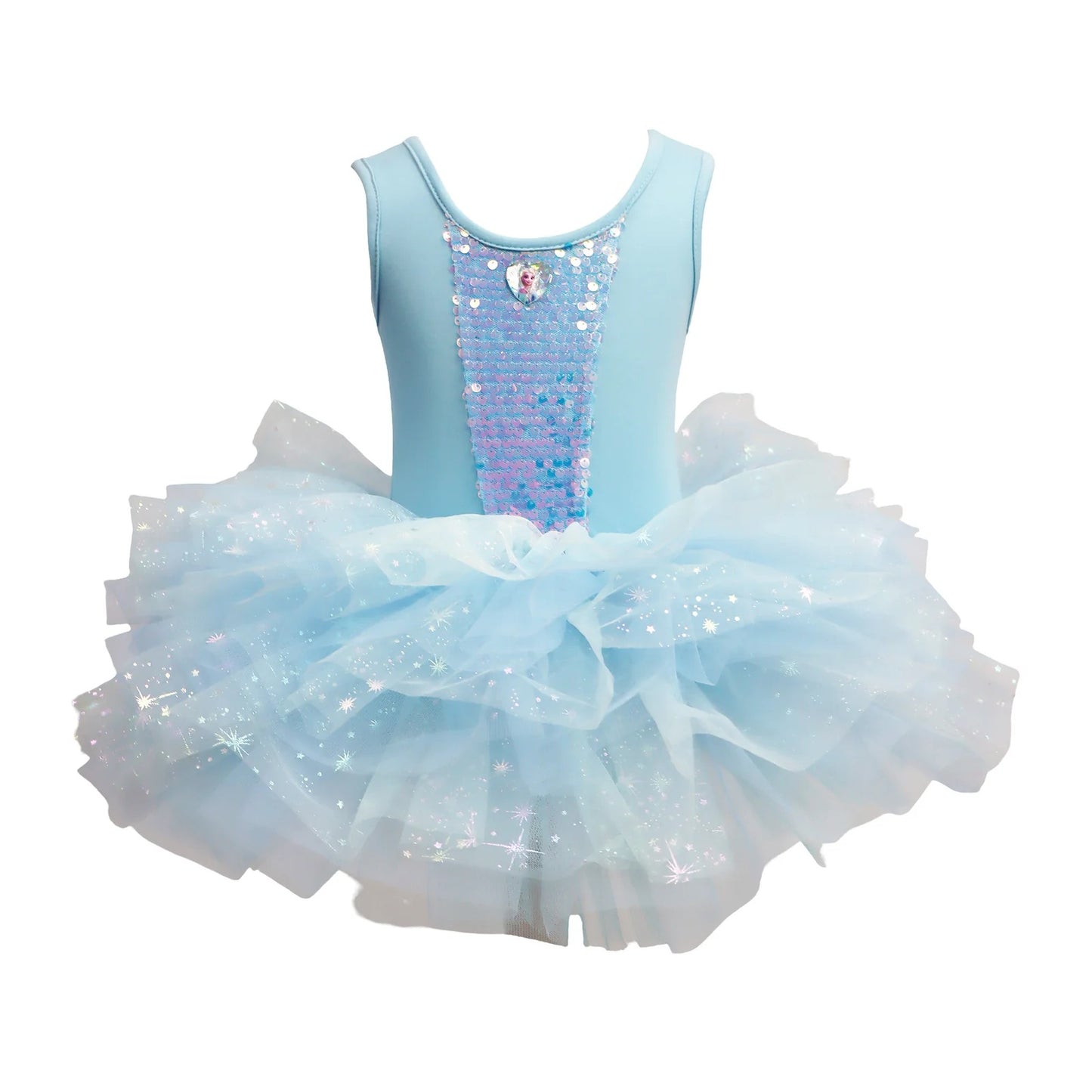 Light blue sequin dress with a white tutu on a white background