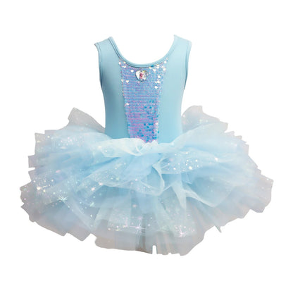 Light blue sequin dress with a white tutu on a white background