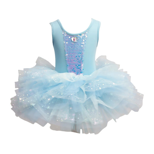 Light blue sequin dress with a white tutu on a white background