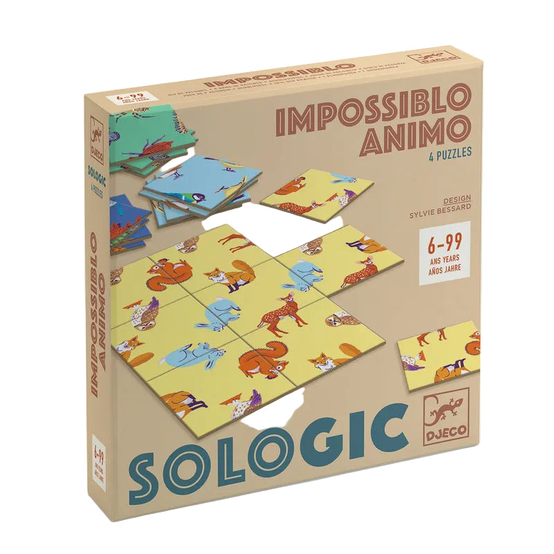 Sologic Impossiblo Animo puzzle packaging with animal-themed puzzles on a beige background