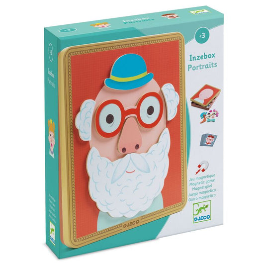 Djeco Inzebox Portraits game box with a cartoon老人 design on a white background