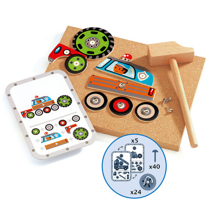 Wooden toy set with cars, wheels, and a hammer on a white background