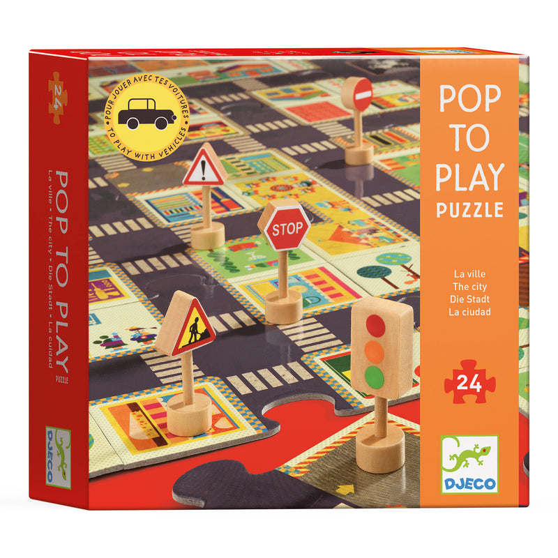 Box of a 'Pop to Play' puzzle with traffic signs and road design, featuring the Djeco brand.