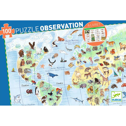 Djeco Observation 100 Pce Puzzle and Booklet - World Animals