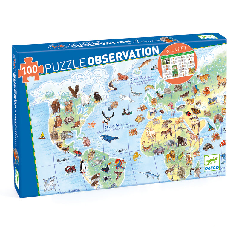 Puzzle box with a map design featuring animals, labeled 'Puzzle Observation' by Djeco.