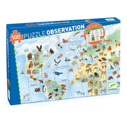 Puzzle box with a map design featuring animals, labeled 'Puzzle Observation' by Djeco.
